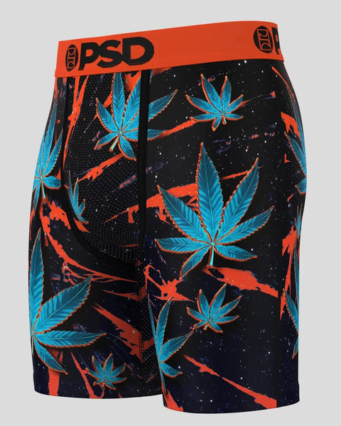 PSD brand boxer briefs with blue and orange leaf print on black background and orange waistband.