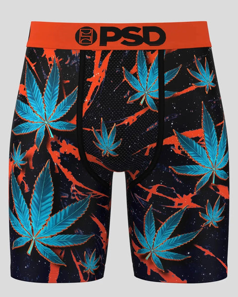 PSD boxer briefs with blue cannabis leaf pattern and orange/red splatter design on black background.