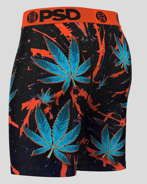 PSD boxer briefs with orange and blue leaf pattern on black background and orange waistband.