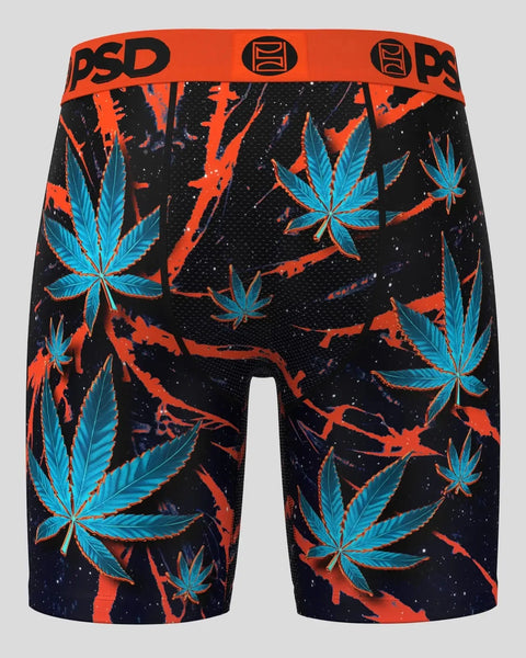 PSD underwear with blue cannabis leaf pattern on black and orange distressed background.