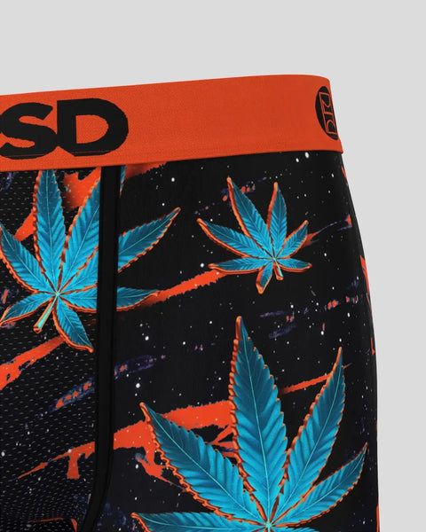 Black underwear with blue and orange leaf patterns, orange waistband with 