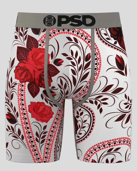 White boxer briefs with red roses, burgundy leaves, and ornamental paisley borders; gray PSD waistband.