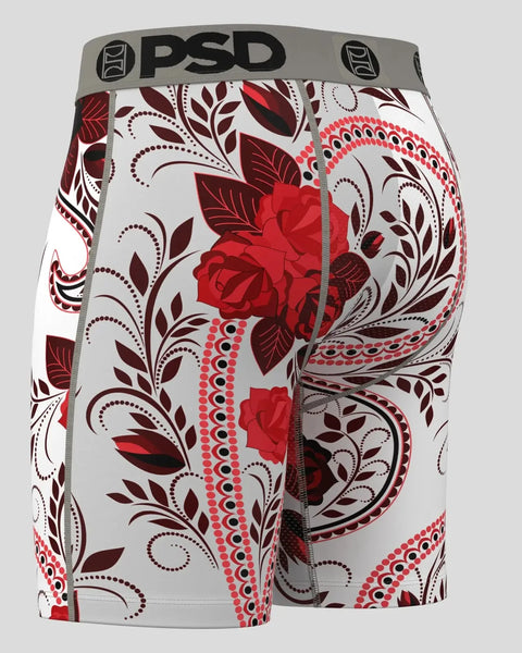 PSD boxer briefs with red and burgundy paisley and floral pattern on white background with gray waistband.