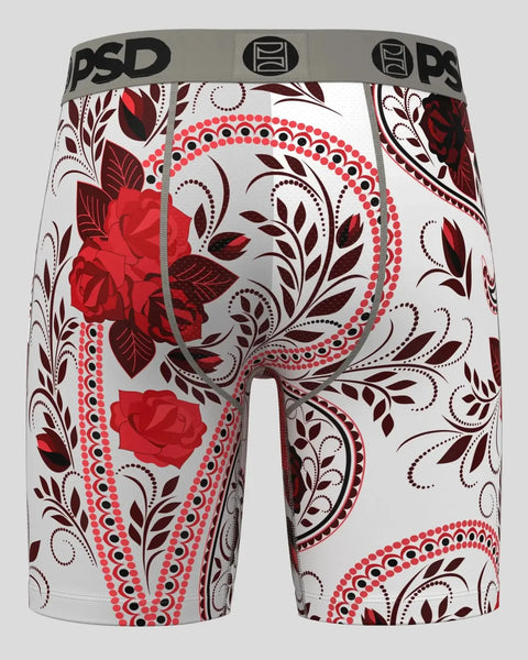 White boxer briefs with red roses, burgundy leaves, and decorative paisley pattern with red dotted borders.
