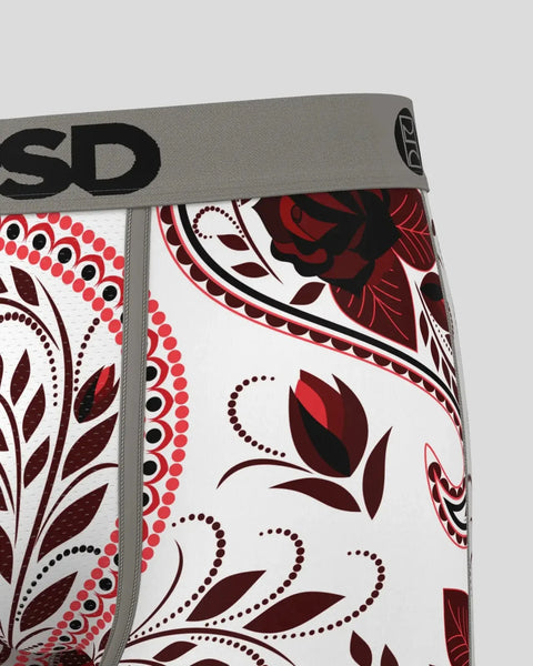 White underwear with red and black paisley pattern and gray waistband labeled 