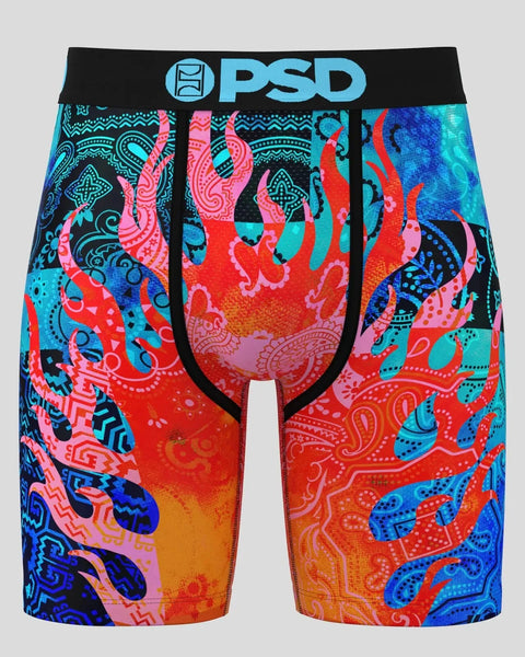 PSD boxer briefs with black waistband, featuring vibrant multi-colored flame and paisley pattern in red, pink, cyan, and blue