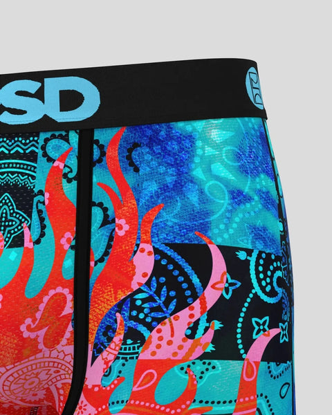 Black bandana with cyan, red, pink, and blue flame and geometric patterned design, elastic waistband visible.