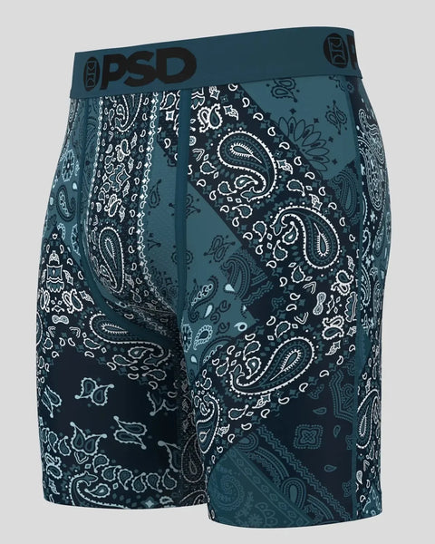 Men's boxer briefs in teal and navy with white paisley and geometric pattern throughout.