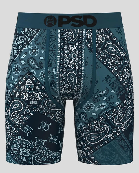 PSD boxer briefs with teal and navy paisley pattern and teal waistband.