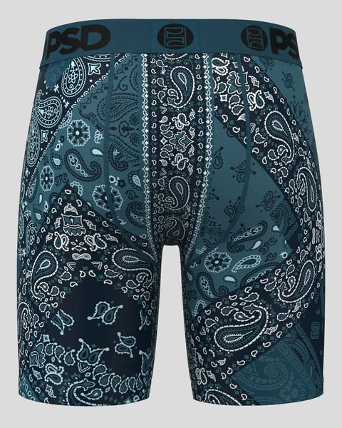 Teal and black paisley patterned boxer shorts with white detail accents and PSD waistband.