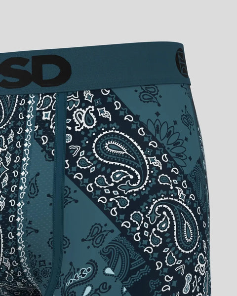 Teal boxer brief with white and dark paisley pattern, elastic waistband with brand text visible.