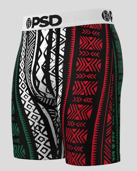 PSD boxer briefs with black, white, red, and green geometric tribal pattern and white waistband.