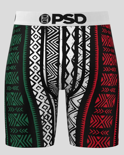 PSD boxer briefs with white waistband and vertical geometric patterns in green, white, black, and red.