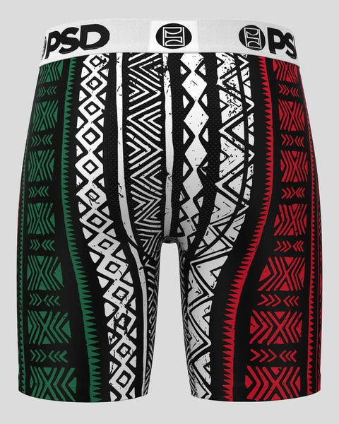 PSD boxer briefs with green, black, white, and red geometric tribal pattern design and waistband logo.