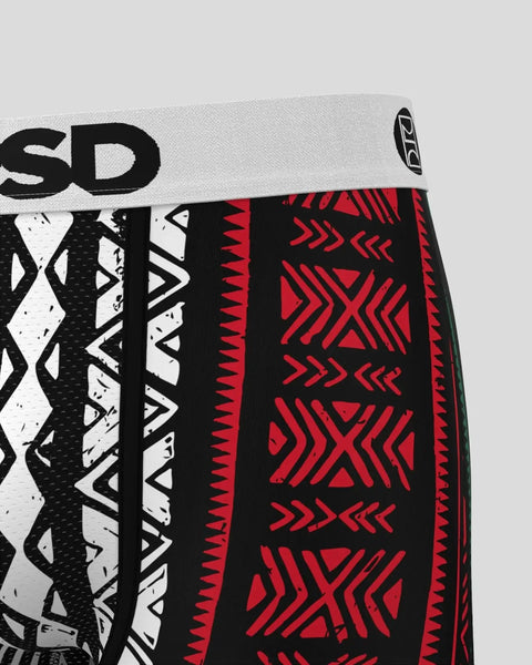 Black and red geometric patterned shorts with white waistband and 