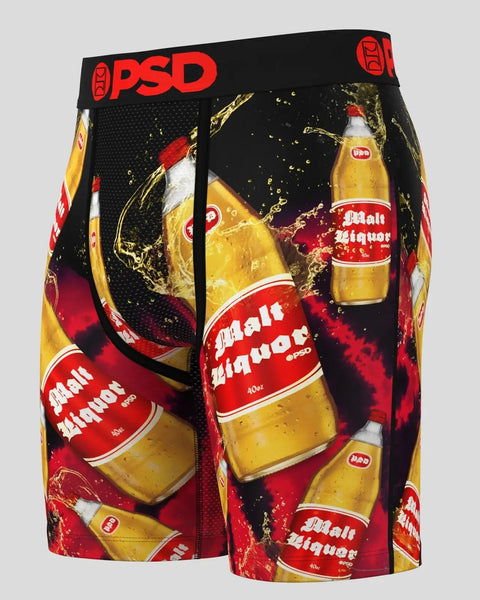 Black PSD boxer shorts with red waistband and all-over malt liquor bottle print in yellow and red.