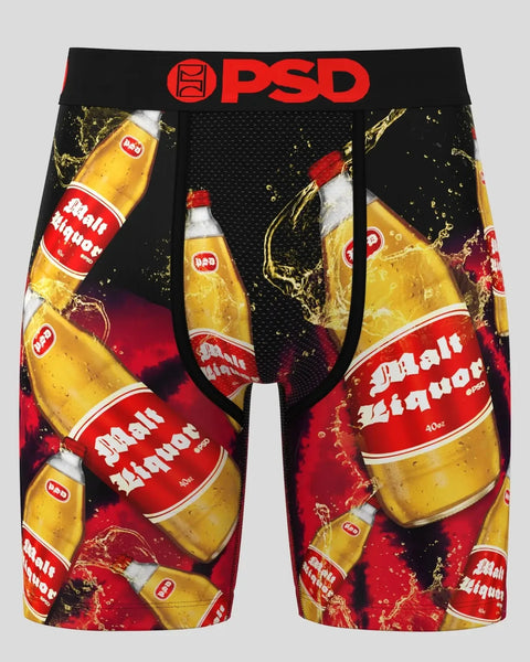 PSD boxer briefs with beer bottle and liquid splash print on black background.