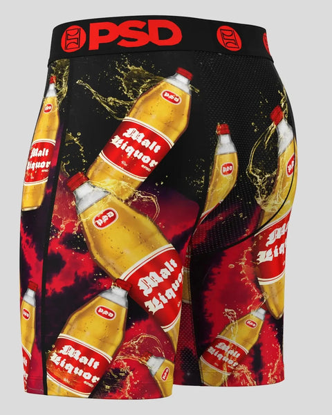 Black PSD boxer shorts with malt liquor bottle print in gold, red, and white throughout.