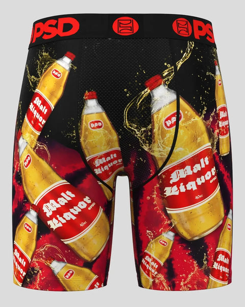 Black shorts with red PSD waistband featuring beer bottle print and yellow splashes throughout.