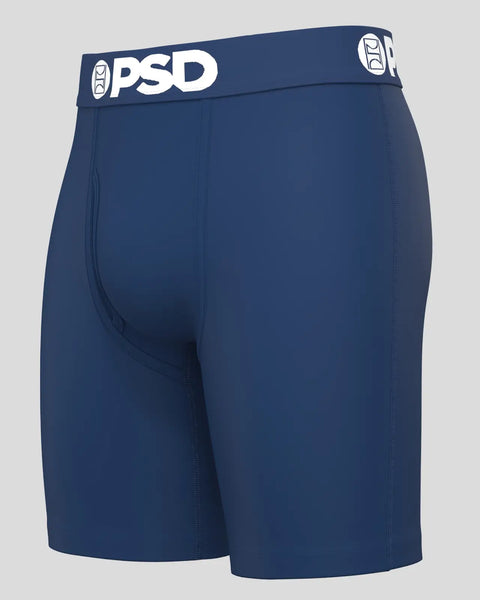 Navy blue boxer briefs with white PSD waistband and logo.