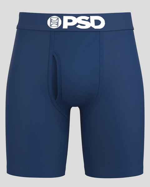 Navy blue boxer briefs with white PSD waistband and logo.