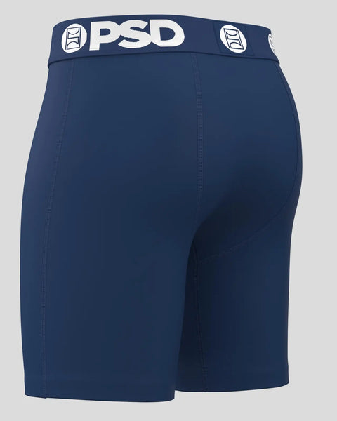 Navy blue PSD underwear shorts with white waistband logo and side seams.