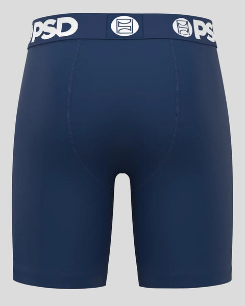 Navy blue boxer briefs with white PSD waistband and center seam detail.