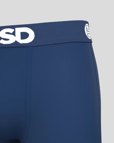 Navy blue underwear with white waistband featuring brand logo and center seam detail.