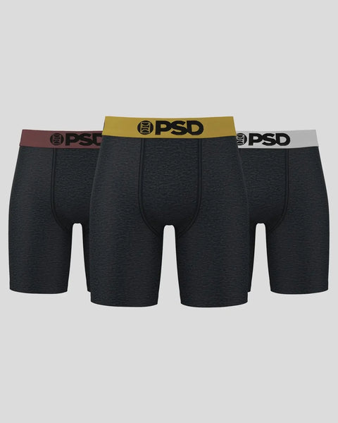 Three black boxer briefs with burgundy, gold, and gray waistbands labeled PSD.