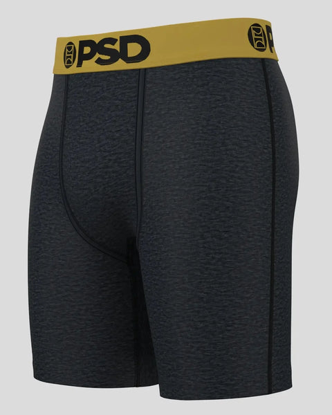 Charcoal heathered boxer briefs with gold PSD waistband and center seam.