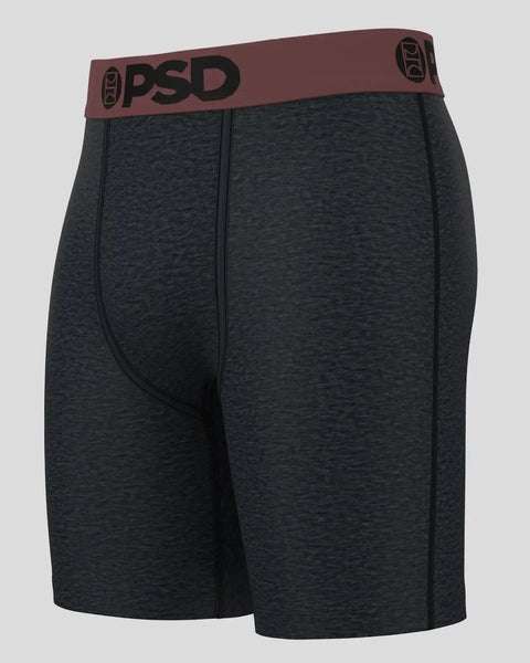 Charcoal heathered boxer briefs with burgundy PSD waistband and black logo.