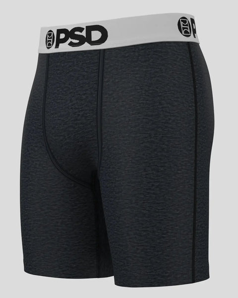 PSD brand charcoal heather boxer briefs with white and black waistband.