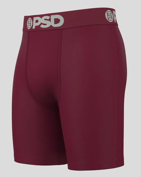 Burgundy PSD brand boxer briefs with white waistband logo and center fly seam.