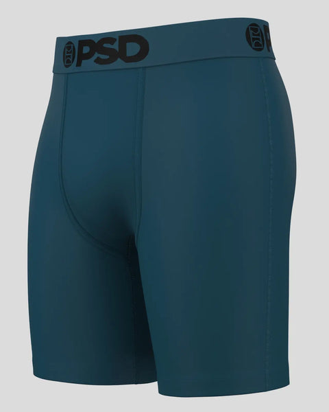 Teal blue boxer briefs with PSD waistband and center seam detail.