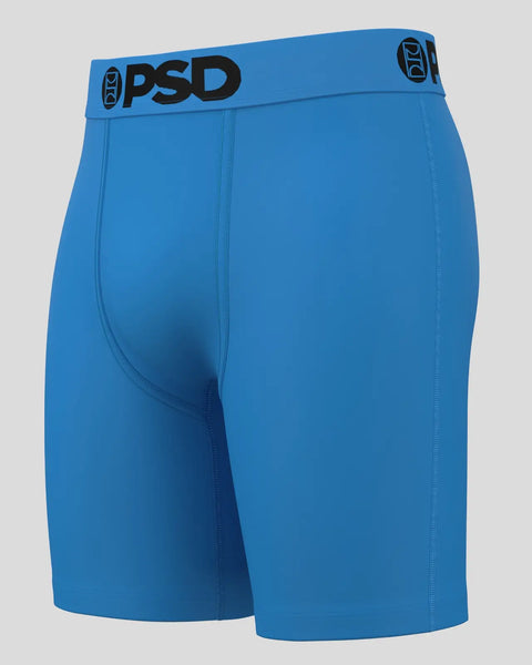 Blue PSD brand boxer briefs with black waistband logo and center seam detail.
