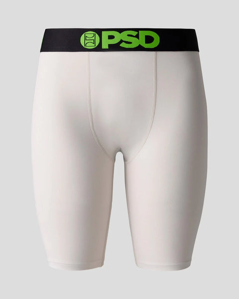 Ash gray fitted shorts with black waistband featuring green PSD logo and branding.