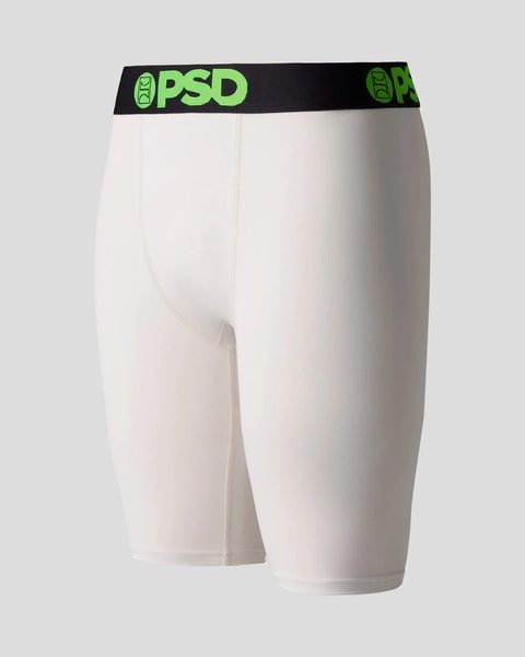 Ash-colored compression shorts with black and neon green PSD waistband featuring logo.