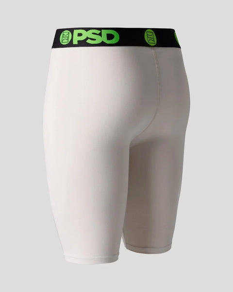 Ash-colored compression shorts with black and neon green PSD waistband.