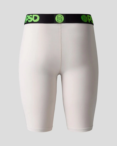Ash-colored compression shorts with black and neon green waistband featuring PSD branding and logo.