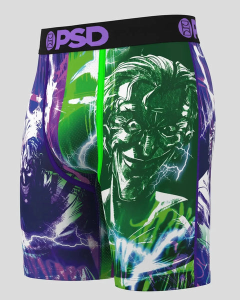 PSD boxer briefs featuring Joker character portrait in green, purple, and white with lightning bolt graphics.