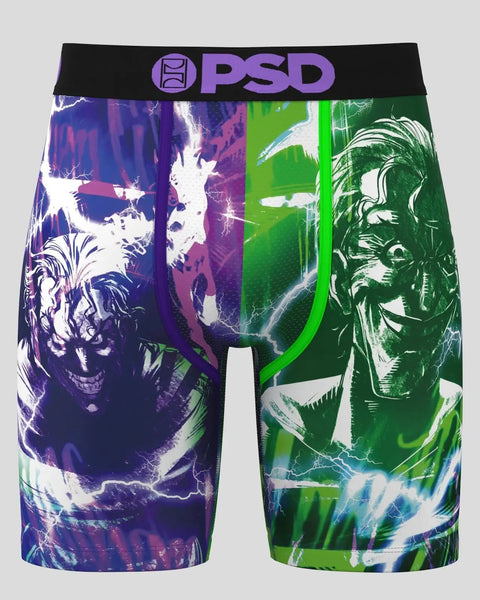 PSD men's boxer briefs with purple and green split design featuring Joker character artwork and lightning effects.