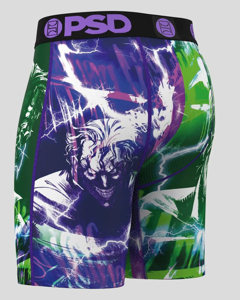 PSD boxer briefs with purple and black waistband, featuring Joker character design with lightning bolts on green and purple b