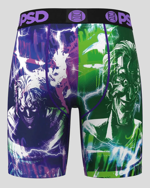 PSD boxer briefs with split purple and green Joker character artwork and lightning bolt design.