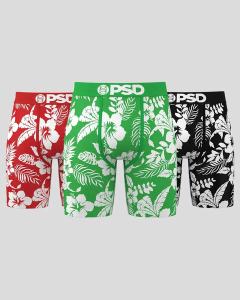Three PSD boxer briefs in red, green, and black with white tropical floral and leaf patterns.