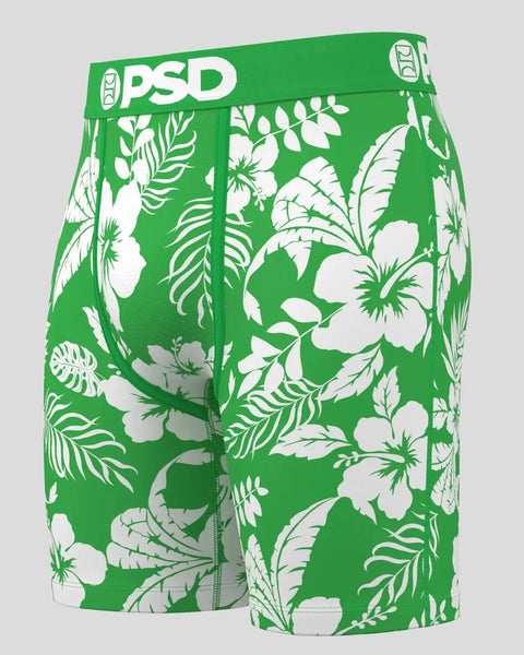 Green and white tropical floral print boxer briefs with PSD waistband.
