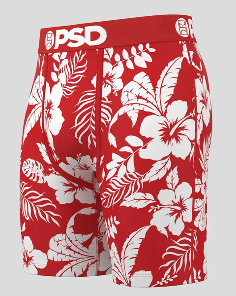 Red and white floral print boxer briefs with PSD waistband and tropical flower design.
