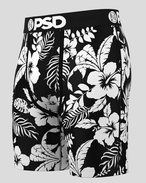 PSD black and white floral boxer briefs with tropical hibiscus and leaf pattern.