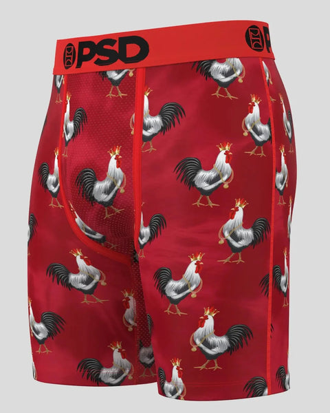Red boxer briefs with rooster and crown print, featuring PSD black waistband.