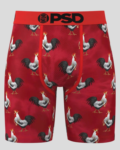 Red boxer briefs with rooster and crown pattern, PSD waistband.