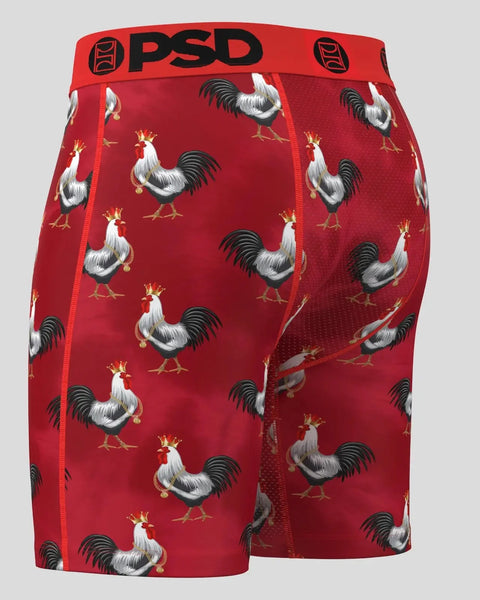 Red PSD boxer briefs with rooster and crown pattern throughout.